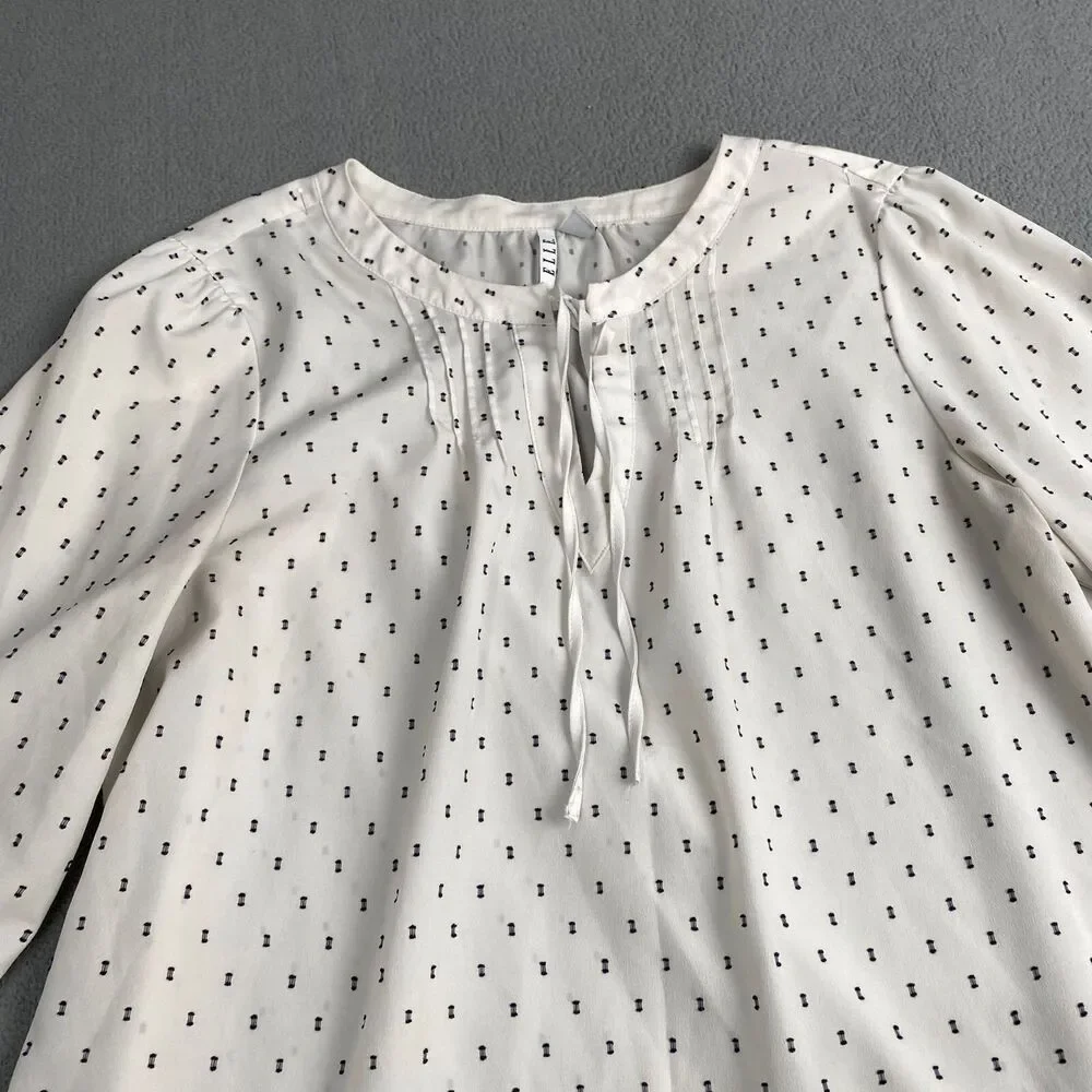 Elle Women’s size Large White Black Polka Dots Pleated  Half Sleeves Blouse - Picture 10 of 13